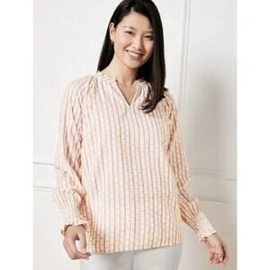 Talbots Jacquard Stripe Smocked Cuff Swiss Dot Blouse Size L Pink Yellow Cottage